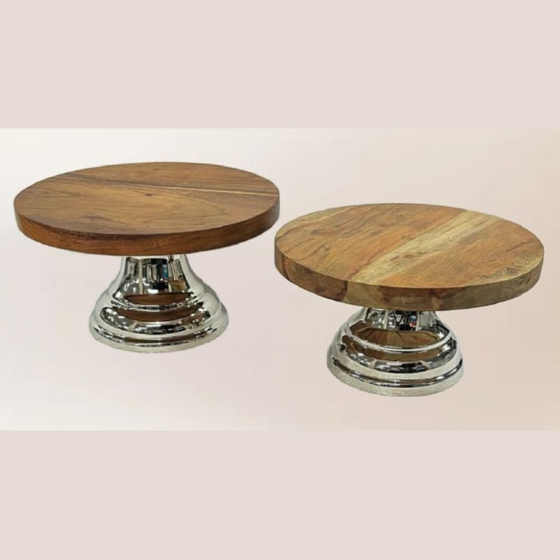 WOODEN CAKE PLATE WITH NICKEL PLATED BASE