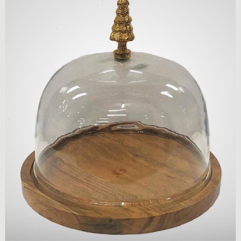 WOODEN CAKE PLATE W/GLASS DOME & CHRISTMAS TREE KNOB