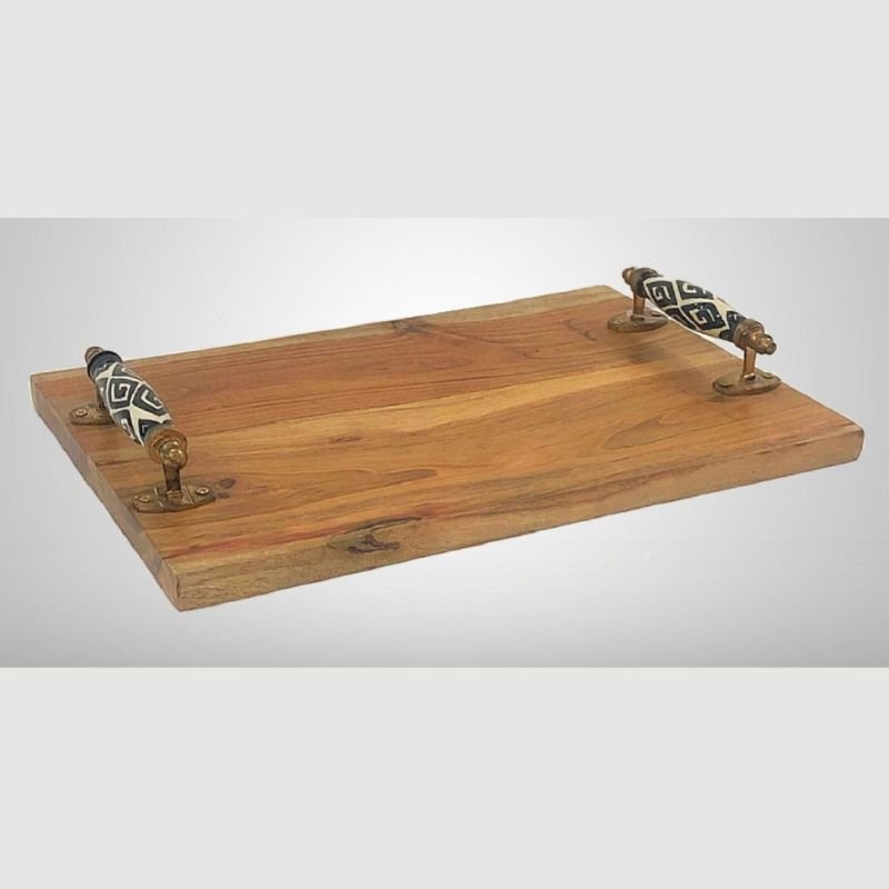 WOODEN PLATTER WITH BLACK ABSTRACT CERMIC HANDLE